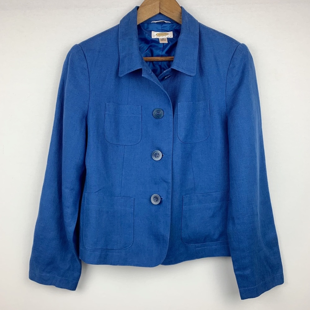 Talbots Blazer Irish Linen Petite Button Front Blue Four Front Pocket Jacket